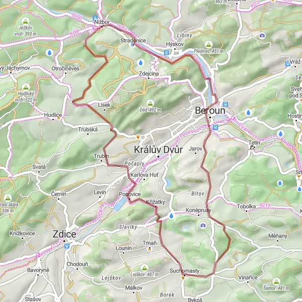 Mapa miniatúra "Gravelový výlet kolem Nižboru" cyklistická inšpirácia v Střední Čechy, Czech Republic. Vygenerované cyklistickým plánovačom trás Tarmacs.app