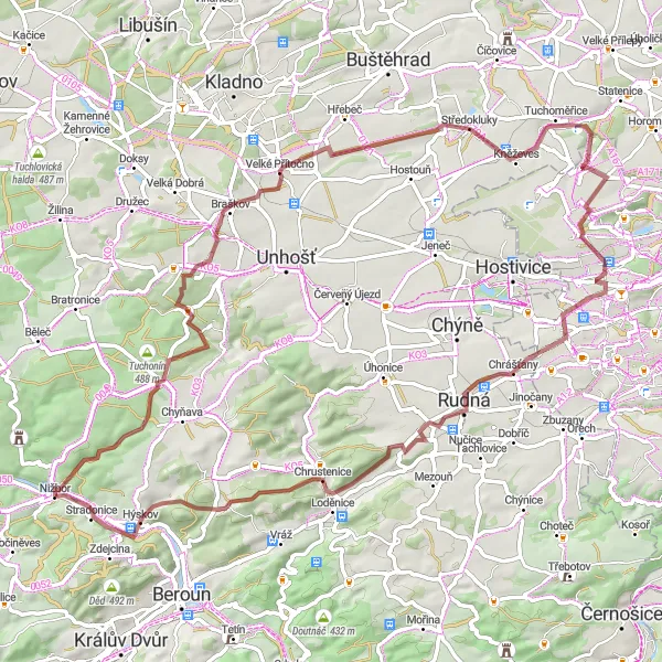 Miniaturní mapa "Gravel Nižbor - Tesařka - Lhotka - Hýskov" inspirace pro cyklisty v oblasti Střední Čechy, Czech Republic. Vytvořeno pomocí plánovače tras Tarmacs.app