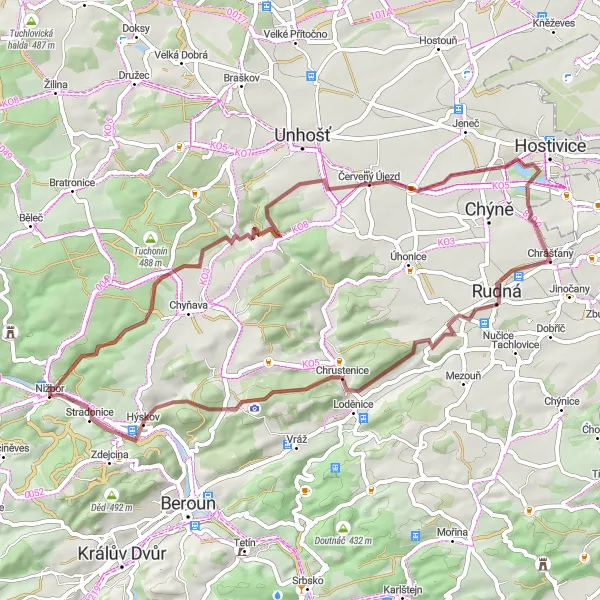 Miniaturní mapa "Okruh kolem Nižboru" inspirace pro cyklisty v oblasti Střední Čechy, Czech Republic. Vytvořeno pomocí plánovače tras Tarmacs.app