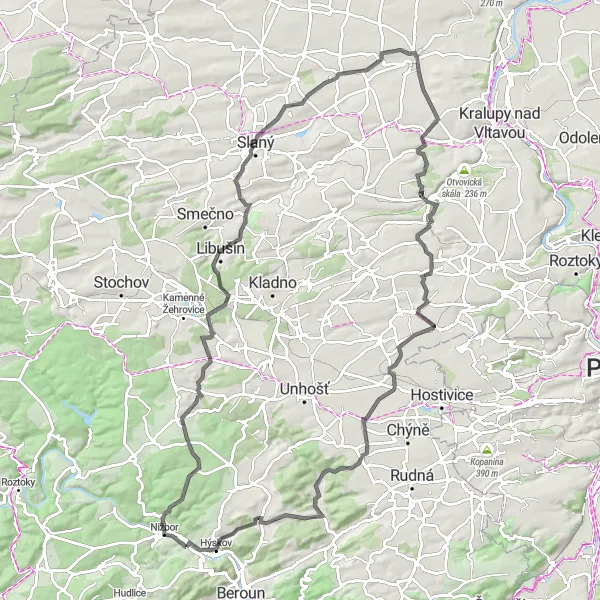 Miniaturní mapa "Road Trio kolem Středních Čech" inspirace pro cyklisty v oblasti Střední Čechy, Czech Republic. Vytvořeno pomocí plánovače tras Tarmacs.app
