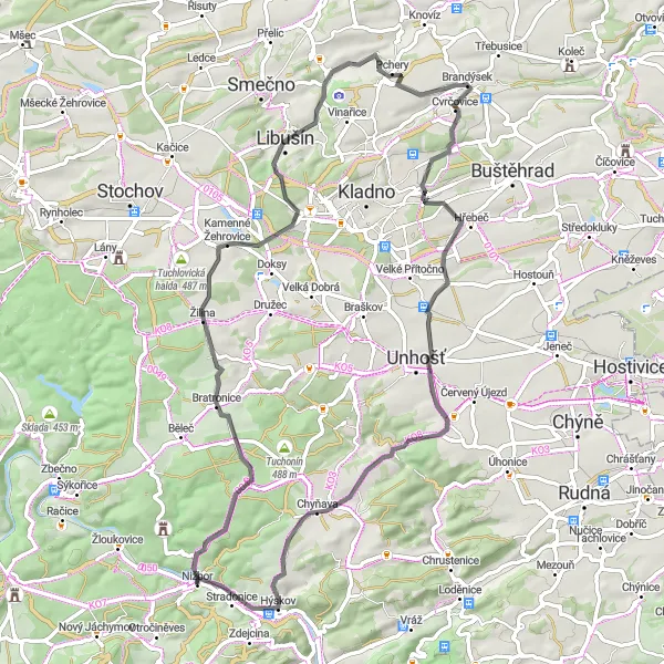Miniaturní mapa "Zelené údolí okolo Nižboru" inspirace pro cyklisty v oblasti Střední Čechy, Czech Republic. Vytvořeno pomocí plánovače tras Tarmacs.app