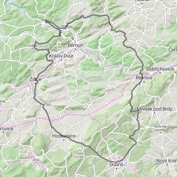 Mapa miniatúra "Road Po Okolí" cyklistická inšpirácia v Střední Čechy, Czech Republic. Vygenerované cyklistickým plánovačom trás Tarmacs.app