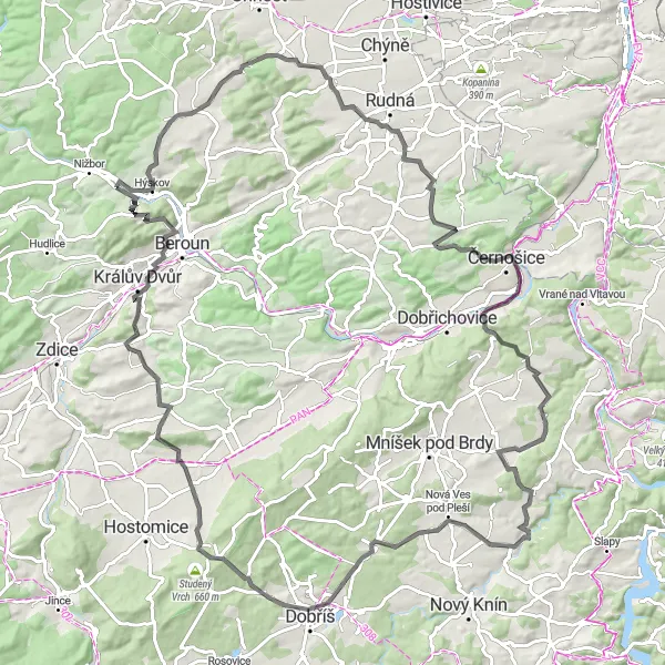 Miniaturní mapa "Road Nižbor - Podkozí - Červená Hlína - Voznice - Zdejcina" inspirace pro cyklisty v oblasti Střední Čechy, Czech Republic. Vytvořeno pomocí plánovače tras Tarmacs.app