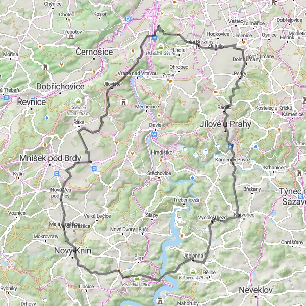 Map miniature of "Jilove u Prahy Loop" cycling inspiration in Střední Čechy, Czech Republic. Generated by Tarmacs.app cycling route planner