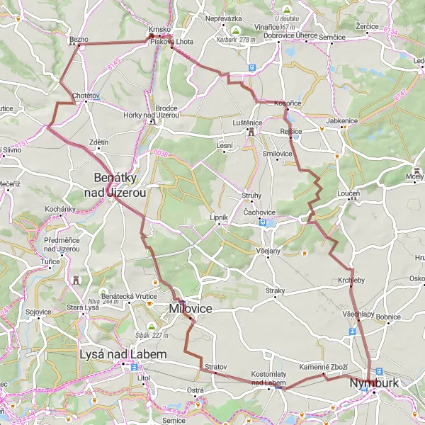 Mapa miniatúra "Benátská okružná trasa" cyklistická inšpirácia v Střední Čechy, Czech Republic. Vygenerované cyklistickým plánovačom trás Tarmacs.app