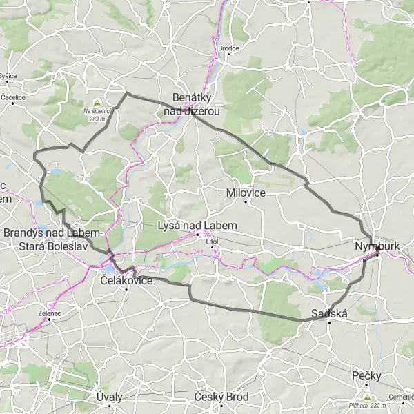 Miniaturní mapa "Cyklotrasa Nymburk Benátky nad Jizerou" inspirace pro cyklisty v oblasti Střední Čechy, Czech Republic. Vytvořeno pomocí plánovače tras Tarmacs.app