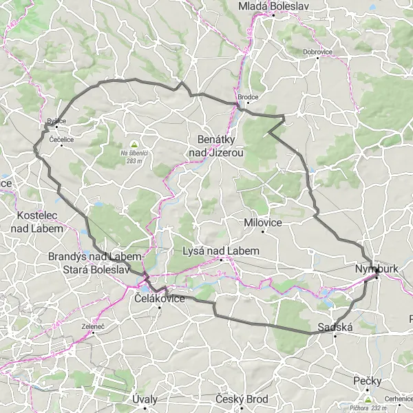 Miniaturní mapa "Cyklotrasa Nymburk Nový Vestec" inspirace pro cyklisty v oblasti Střední Čechy, Czech Republic. Vytvořeno pomocí plánovače tras Tarmacs.app