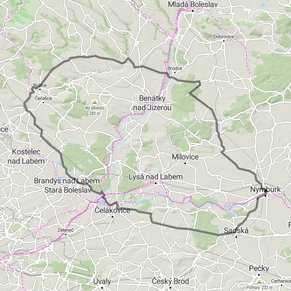 Mapa miniatúra "Cyklovýlet okolo Nymburka: Nedomice a Čachovice" cyklistická inšpirácia v Střední Čechy, Czech Republic. Vygenerované cyklistickým plánovačom trás Tarmacs.app