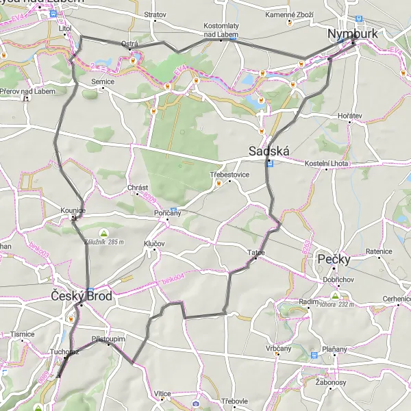 Miniaturní mapa "Cyklotrasa Nymburk - Kostomlaty nad Labem" inspirace pro cyklisty v oblasti Střední Čechy, Czech Republic. Vytvořeno pomocí plánovače tras Tarmacs.app