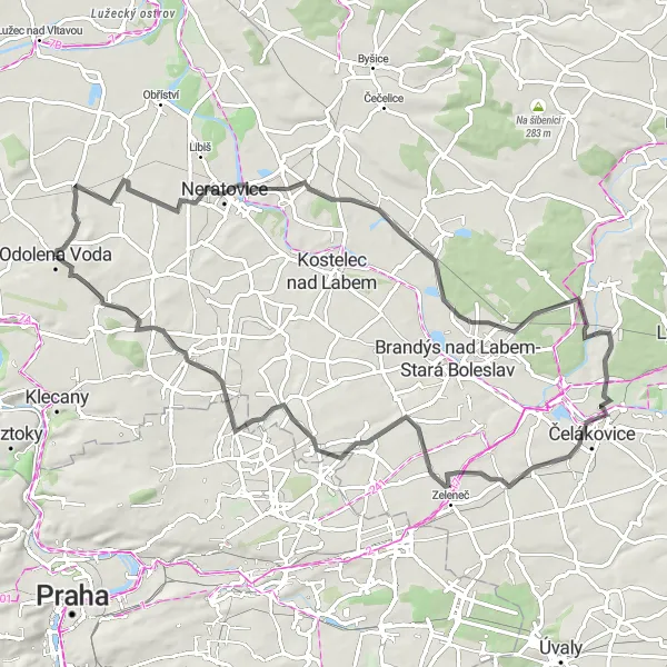 Map miniature of "Road to Čelákovice" cycling inspiration in Střední Čechy, Czech Republic. Generated by Tarmacs.app cycling route planner