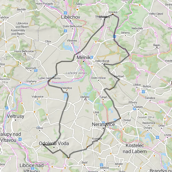 Mapa miniatúra "Odolena Voda - Postřižín Road Cycling Adventure" cyklistická inšpirácia v Střední Čechy, Czech Republic. Vygenerované cyklistickým plánovačom trás Tarmacs.app