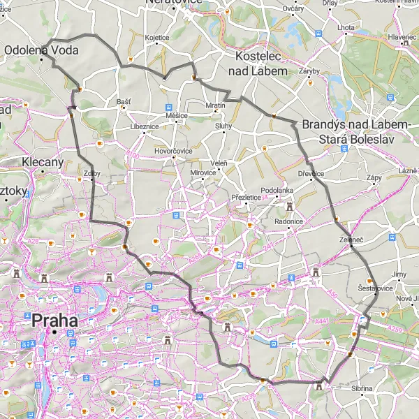 Mapa miniatúra "Okolím Popovic" cyklistická inšpirácia v Střední Čechy, Czech Republic. Vygenerované cyklistickým plánovačom trás Tarmacs.app