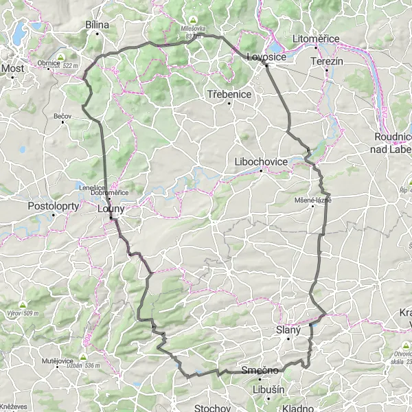 Miniaturní mapa "Road Pchery - Milešov" inspirace pro cyklisty v oblasti Střední Čechy, Czech Republic. Vytvořeno pomocí plánovače tras Tarmacs.app