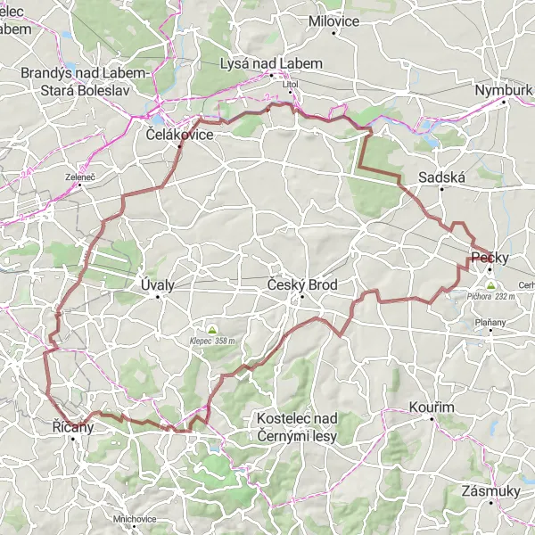 Miniaturní mapa "Gravel výlet s výzvami kolem Peček" inspirace pro cyklisty v oblasti Střední Čechy, Czech Republic. Vytvořeno pomocí plánovače tras Tarmacs.app