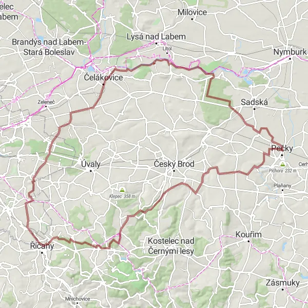 Mapa miniatúra "Pečky - Přistoupim - Doubravčice - Královice - Nehvizdy - Sedlčánky - Milčice" cyklistická inšpirácia v Střední Čechy, Czech Republic. Vygenerované cyklistickým plánovačom trás Tarmacs.app