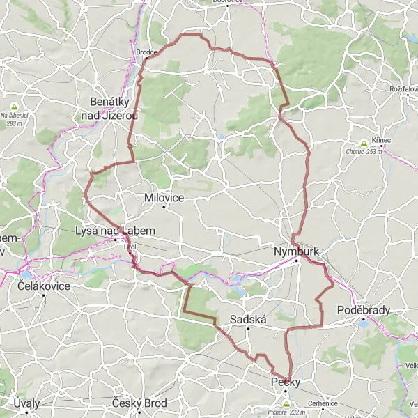 Miniatura mapy "Przejażdżka gravelowa przez Kovanice i Kostelní Lhotę" - trasy rowerowej w Střední Čechy, Czech Republic. Wygenerowane przez planer tras rowerowych Tarmacs.app