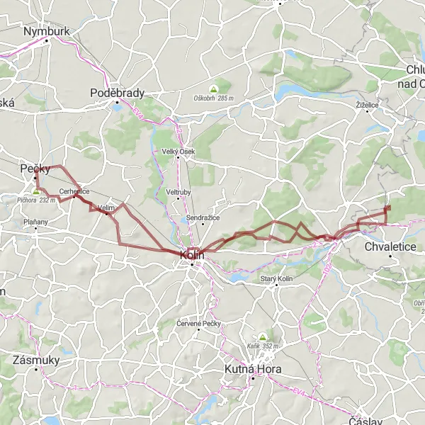 Map miniature of "Pečky Gravel Adventure: Dobřichov to Ratenice" cycling inspiration in Střední Čechy, Czech Republic. Generated by Tarmacs.app cycling route planner