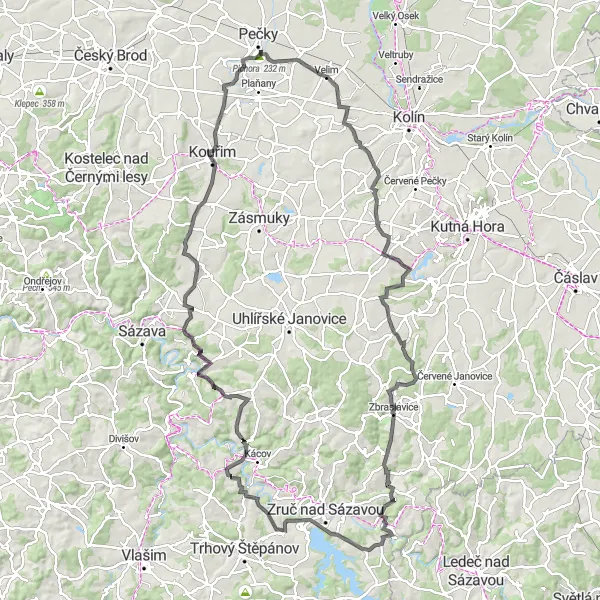 Mapa miniatúra "Road kruhová cyklotrasa kolem Peček" cyklistická inšpirácia v Střední Čechy, Czech Republic. Vygenerované cyklistickým plánovačom trás Tarmacs.app