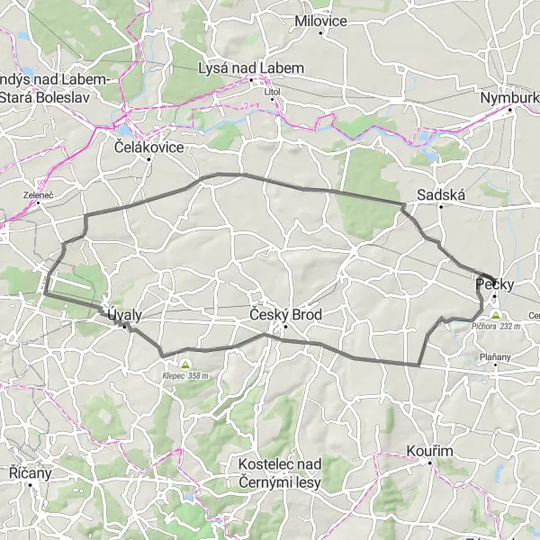 Mapa miniatúra "Trasa okolo Peček" cyklistická inšpirácia v Střední Čechy, Czech Republic. Vygenerované cyklistickým plánovačom trás Tarmacs.app