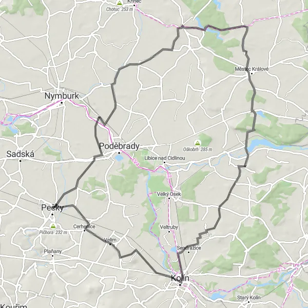 Mapa miniatúra "Pečky - Křečkov - Záhornice - Na Hřebínku - Žehuň - Kolín V - Bedřichov - Ratenice" cyklistická inšpirácia v Střední Čechy, Czech Republic. Vygenerované cyklistickým plánovačom trás Tarmacs.app