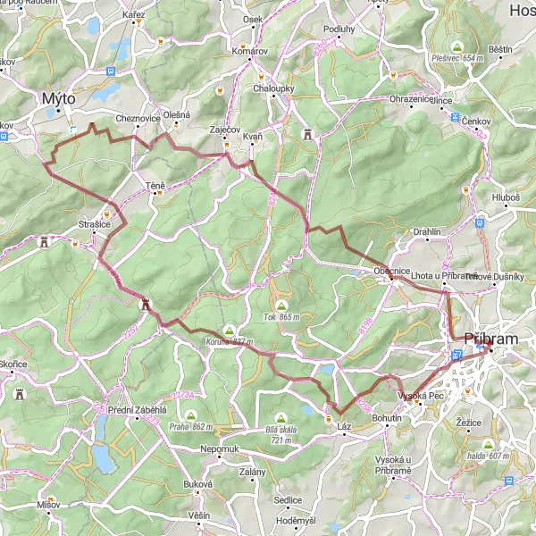 Miniaturní mapa "Gravel cesta skrze hezkou přírodu" inspirace pro cyklisty v oblasti Střední Čechy, Czech Republic. Vytvořeno pomocí plánovače tras Tarmacs.app