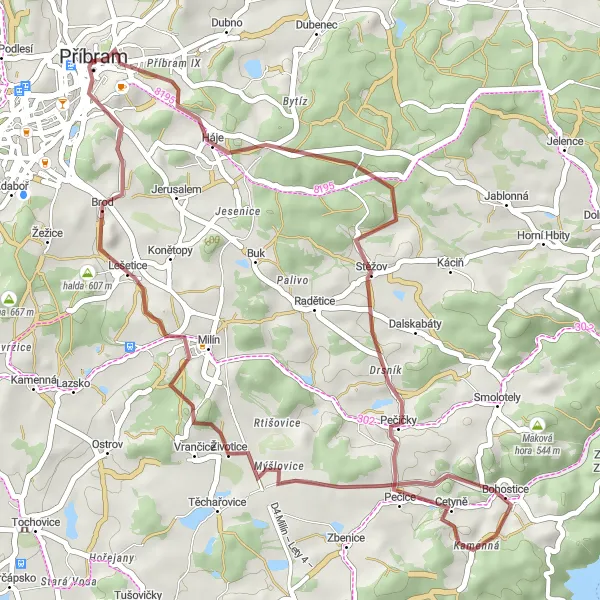 Miniaturní mapa "Gravel okruh s pohledy na údolí" inspirace pro cyklisty v oblasti Střední Čechy, Czech Republic. Vytvořeno pomocí plánovače tras Tarmacs.app