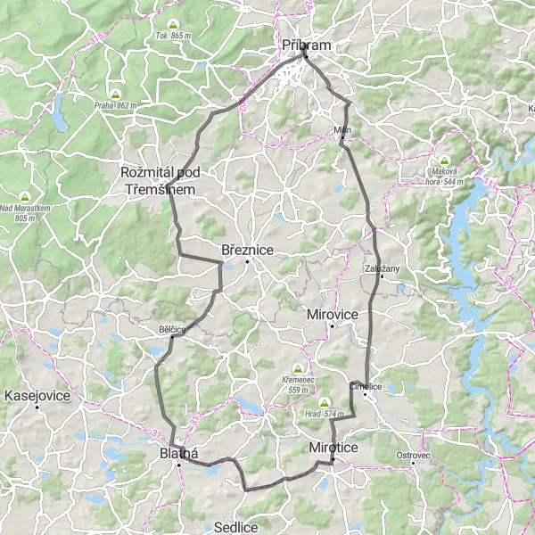 Karten-Miniaturansicht der Radinspiration "Rundkurs durch Střední Čechy" in Střední Čechy, Czech Republic. Erstellt vom Tarmacs.app-Routenplaner für Radtouren