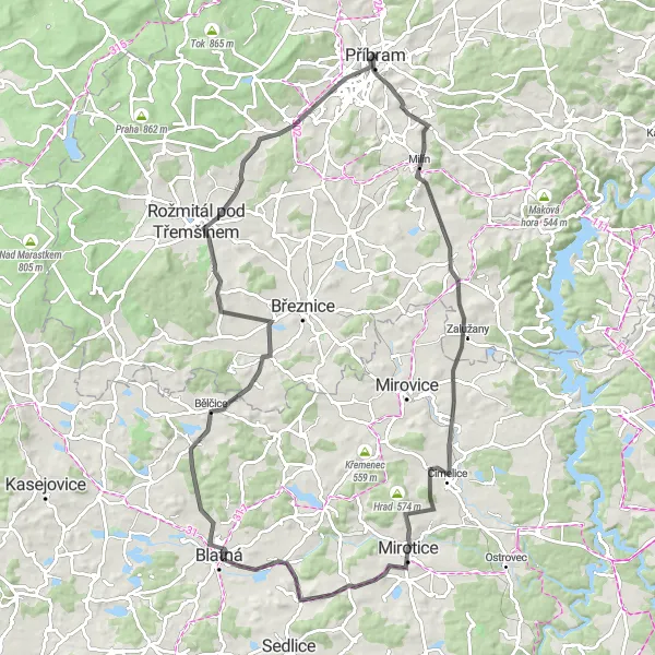 Miniaturní mapa "Cyklookruh plný památek a vyhlídek" inspirace pro cyklisty v oblasti Střední Čechy, Czech Republic. Vytvořeno pomocí plánovače tras Tarmacs.app