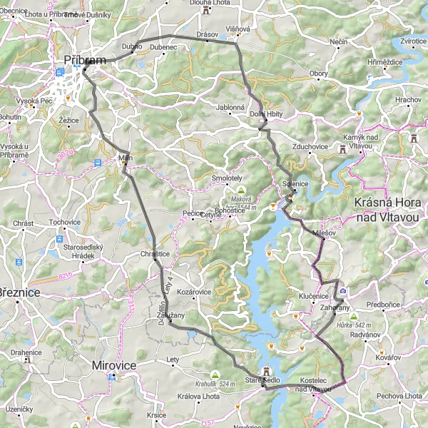 Map miniature of "Scenic Road Adventure near Příbram" cycling inspiration in Střední Čechy, Czech Republic. Generated by Tarmacs.app cycling route planner