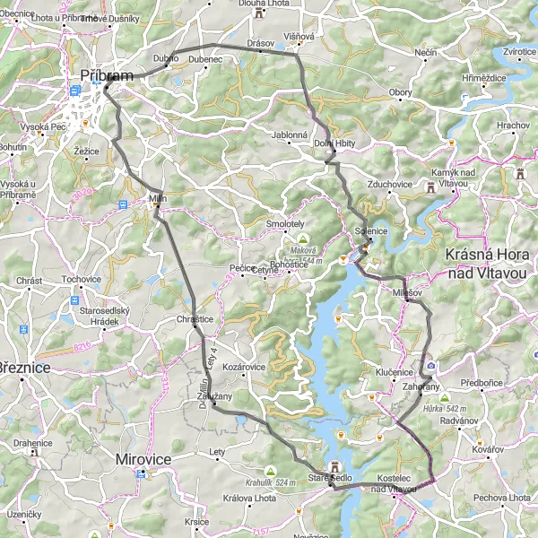 Miniaturní mapa "Drásov, Větrov, Langova rozhledna, Doubrava, Staré Sedlo, Milín" inspirace pro cyklisty v oblasti Střední Čechy, Czech Republic. Vytvořeno pomocí plánovače tras Tarmacs.app