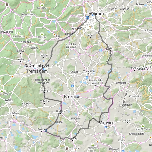 Miniaturní mapa "Vrančice, Myslín, Holý vrch, Pročevily, Leč, Havírna" inspirace pro cyklisty v oblasti Střední Čechy, Czech Republic. Vytvořeno pomocí plánovače tras Tarmacs.app