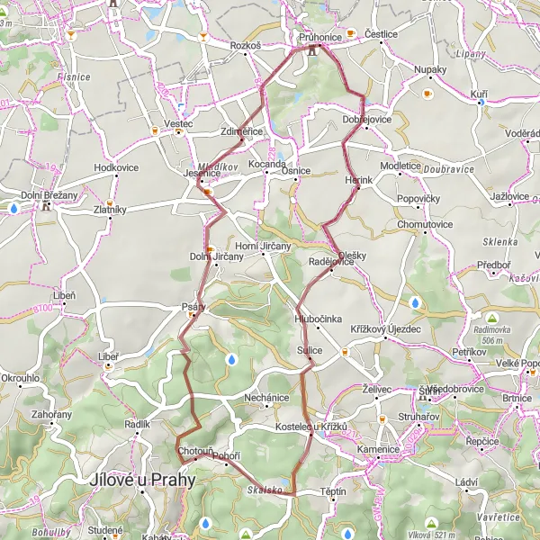 Miniaturní mapa "Průhonické štěrkové okruhy" inspirace pro cyklisty v oblasti Střední Čechy, Czech Republic. Vytvořeno pomocí plánovače tras Tarmacs.app