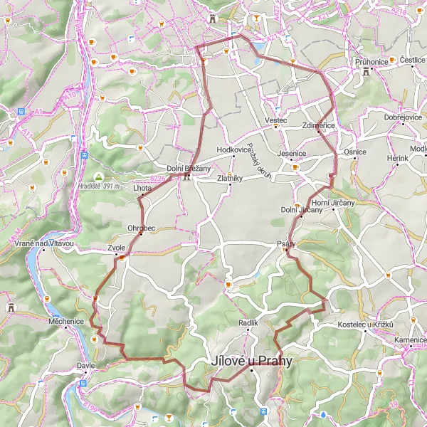 Map miniature of "Průhonice Gravel Journey" cycling inspiration in Střední Čechy, Czech Republic. Generated by Tarmacs.app cycling route planner