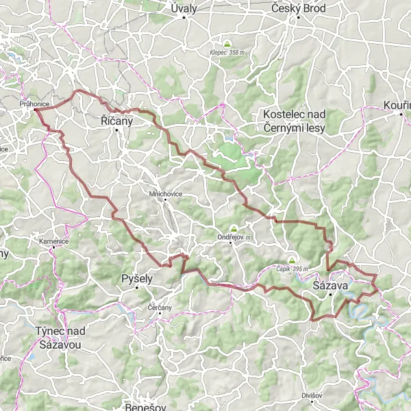 Miniaturní mapa "Gravelová trasa přes Vysoký les" inspirace pro cyklisty v oblasti Střední Čechy, Czech Republic. Vytvořeno pomocí plánovače tras Tarmacs.app