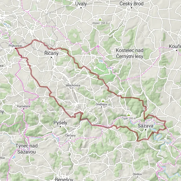 Mapa miniatúra "Gravel okruh Vysoký les - Průhonice" cyklistická inšpirácia v Střední Čechy, Czech Republic. Vygenerované cyklistickým plánovačom trás Tarmacs.app