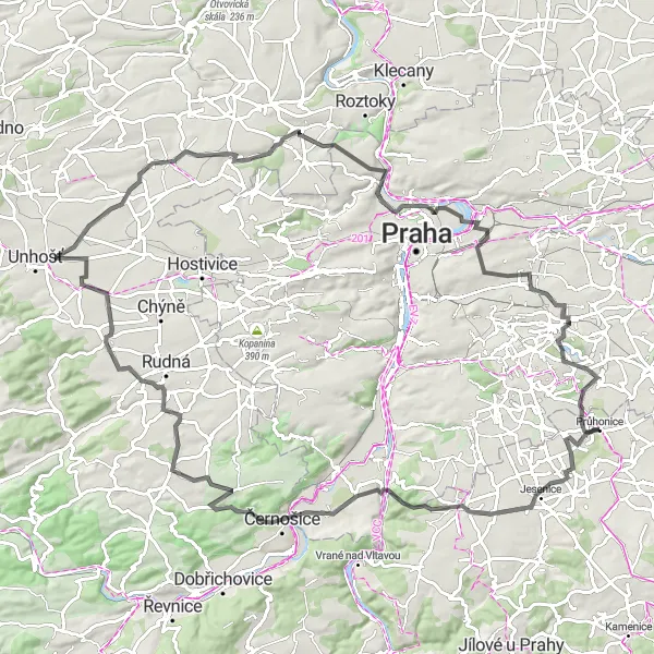 Miniaturní mapa "Cyklotrasa okolo Dolních Břežan" inspirace pro cyklisty v oblasti Střední Čechy, Czech Republic. Vytvořeno pomocí plánovače tras Tarmacs.app