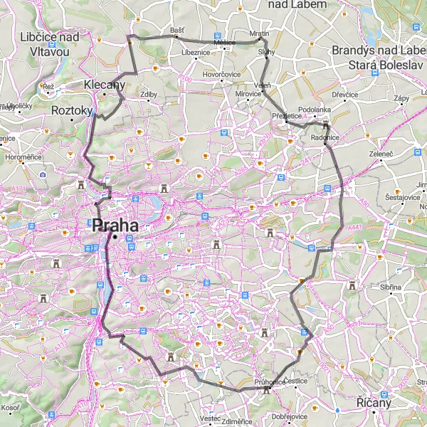 Miniaturní mapa "Cyklotrasa kolem Kunratic" inspirace pro cyklisty v oblasti Střední Čechy, Czech Republic. Vytvořeno pomocí plánovače tras Tarmacs.app