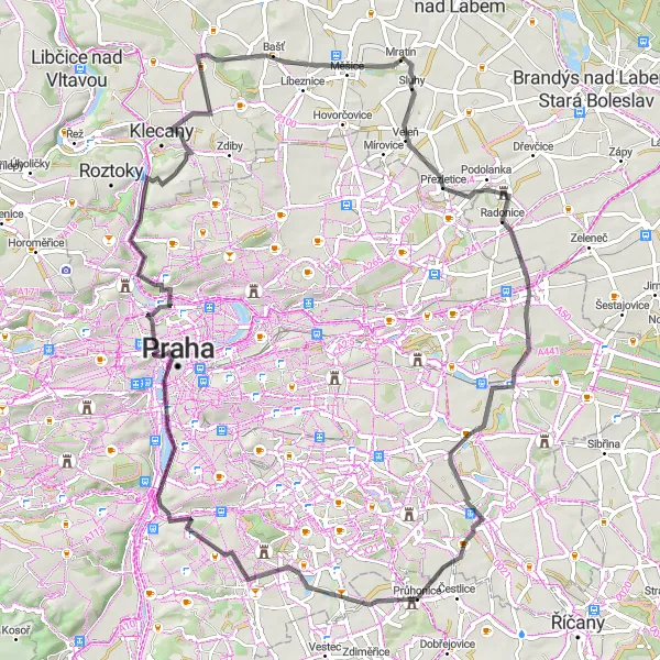 Mapa miniatúra "Cyklo okruh Průhonice - Kunratice" cyklistická inšpirácia v Střední Čechy, Czech Republic. Vygenerované cyklistickým plánovačom trás Tarmacs.app