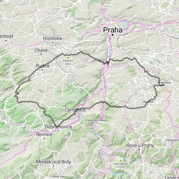 Miniaturní mapa "Cyklo okruh Dolní Břežany" inspirace pro cyklisty v oblasti Střední Čechy, Czech Republic. Vytvořeno pomocí plánovače tras Tarmacs.app
