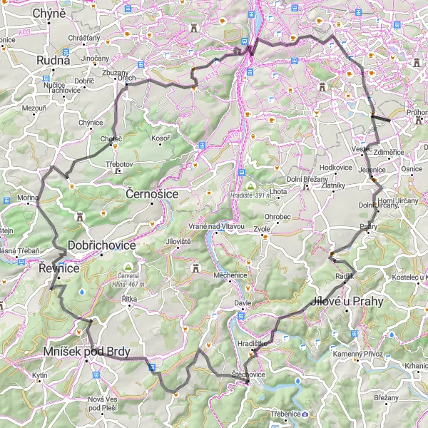 Miniaturní mapa "Okruh kolem Průhonic" inspirace pro cyklisty v oblasti Střední Čechy, Czech Republic. Vytvořeno pomocí plánovače tras Tarmacs.app