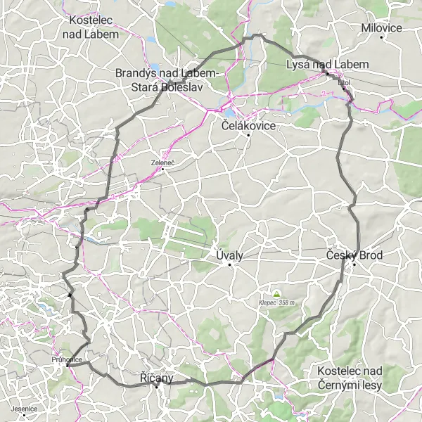 Mapa miniatúra "Cyklo okruh Petrovická navážka - Čestlice" cyklistická inšpirácia v Střední Čechy, Czech Republic. Vygenerované cyklistickým plánovačom trás Tarmacs.app