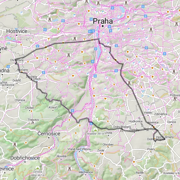 Karten-Miniaturansicht der Radinspiration "Rundtour von Zbraslav nach Jesenice" in Střední Čechy, Czech Republic. Erstellt vom Tarmacs.app-Routenplaner für Radtouren