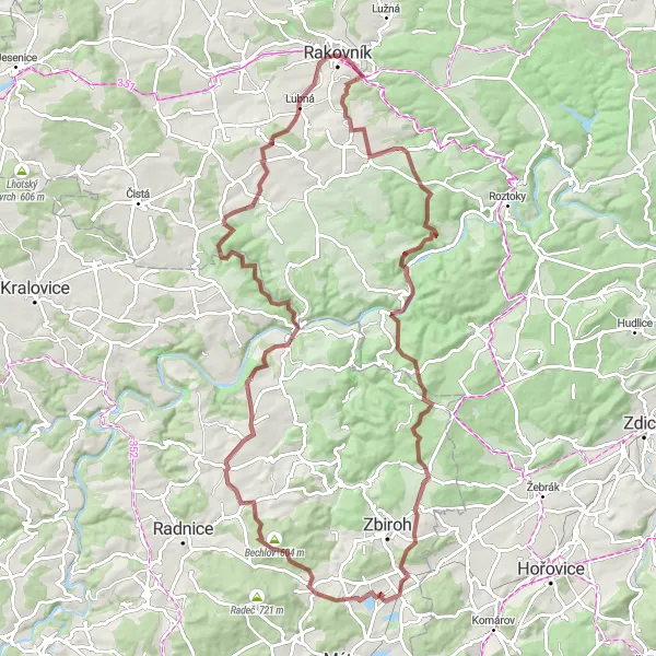 Map miniature of "Rakovník to Lubná" cycling inspiration in Střední Čechy, Czech Republic. Generated by Tarmacs.app cycling route planner