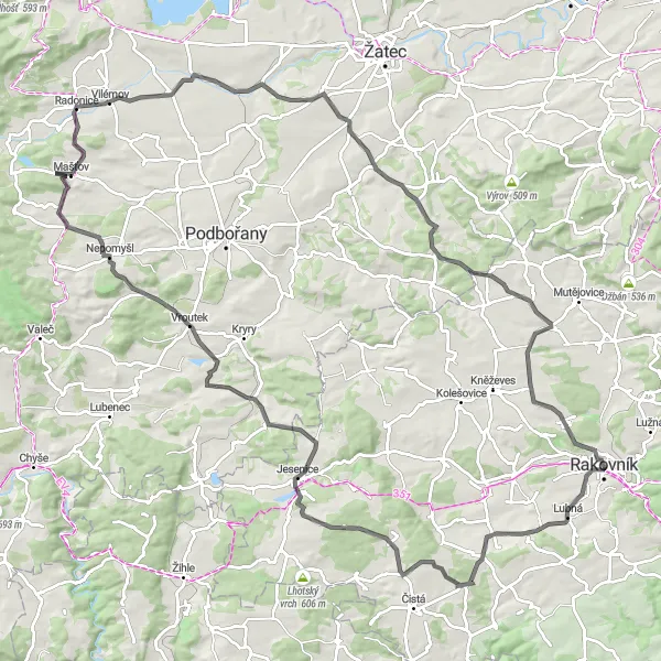 Map miniature of "Roads of Rakovník and Petrohrad" cycling inspiration in Střední Čechy, Czech Republic. Generated by Tarmacs.app cycling route planner