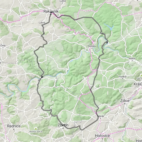 Map miniature of "Rakovník Round-Trip Cycling Route" cycling inspiration in Střední Čechy, Czech Republic. Generated by Tarmacs.app cycling route planner