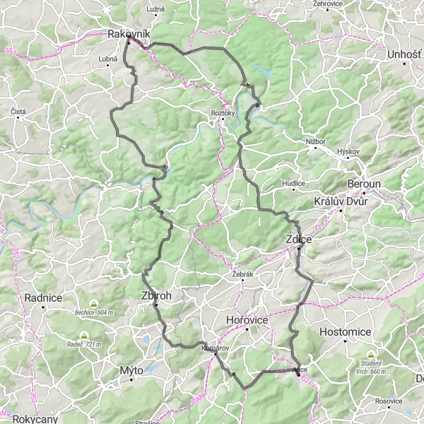 Map miniature of "Rakovník to Pavlíkov" cycling inspiration in Střední Čechy, Czech Republic. Generated by Tarmacs.app cycling route planner