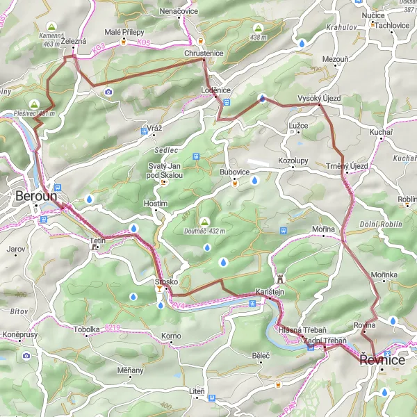 Miniaturní mapa "Přírodními krásami kolem Řevnic" inspirace pro cyklisty v oblasti Střední Čechy, Czech Republic. Vytvořeno pomocí plánovače tras Tarmacs.app