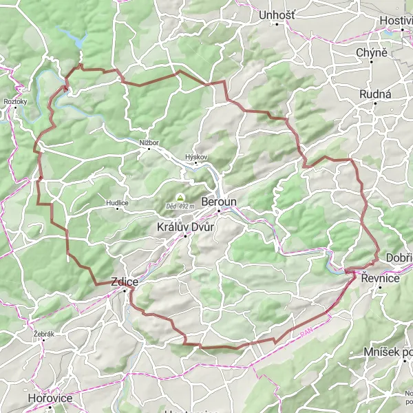 Miniaturní mapa "Gravelový výlet" inspirace pro cyklisty v oblasti Střední Čechy, Czech Republic. Vytvořeno pomocí plánovače tras Tarmacs.app