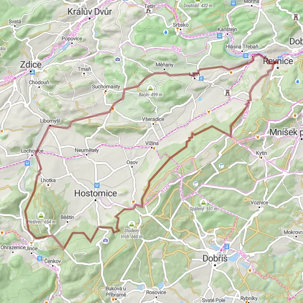 Map miniature of "Řevnice - Zadní Třebaň loop" cycling inspiration in Střední Čechy, Czech Republic. Generated by Tarmacs.app cycling route planner