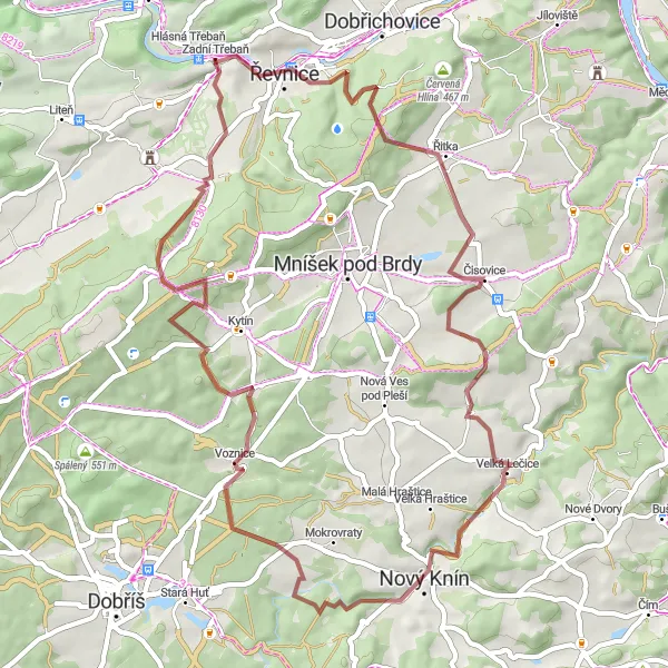 Mapa miniatúra "Gravel Hvíždinec Circuit" cyklistická inšpirácia v Střední Čechy, Czech Republic. Vygenerované cyklistickým plánovačom trás Tarmacs.app